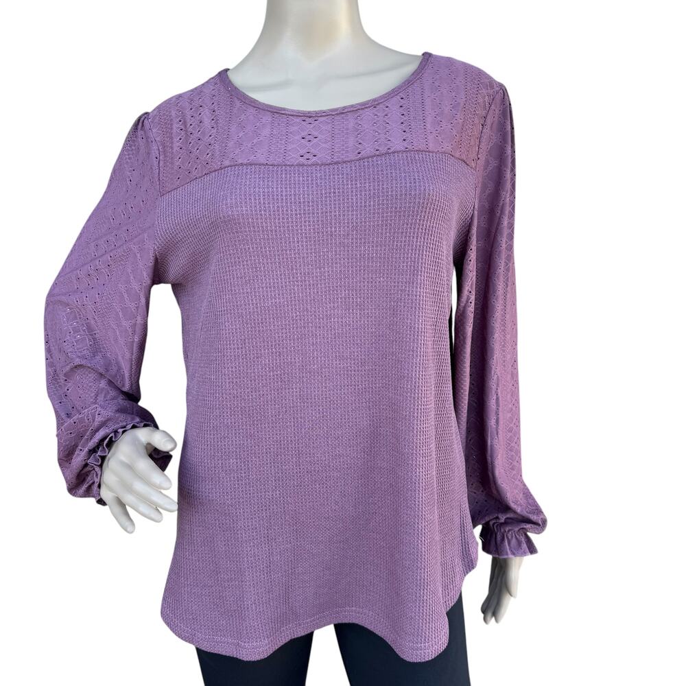 Purple Tunic Blouse Women Ruffled Puff Long Sleeves Eyelet Pullover Top Size M